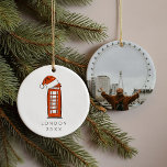 Red Santa Hat London Telephone Christmas Photo  Ceramic Ornament<br><div class="desc">Whimsical Christmas tree ornament featuring a London Telephone Box illustration topped with a Santa Hat as a special festive touch. Turn it over and add your favourite photo from your London trip as a special momento! Original art and design by Annie Montgomery Design.</div>