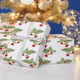 Red Santa Hat Ornaments Pine Branches Christmas Wrapping Paper