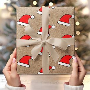 Red Santa Hat Pattern on Rustic Kraft Background Wrapping Paper