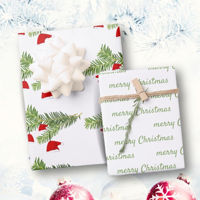 Red Santa Hat Pine Branches Merry Christmas Wrapping Paper Sheet (Creator Uploaded)