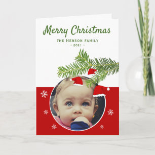 Red Santa Hat Pine Merry Christmas Photo  Holiday Card