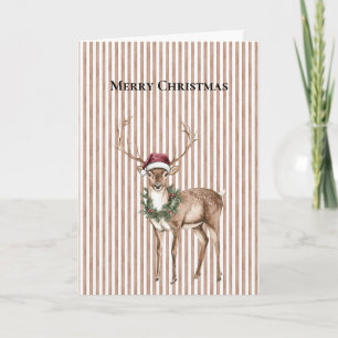 Red Santa Hat Reindeer Brown Stripes Christmas Card