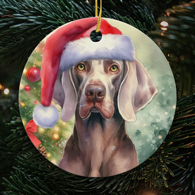Red Santa Hat Weimaraner Dog Christmas Ceramic Ornament (Creator Uploaded)