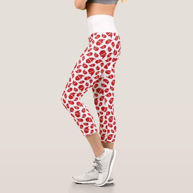 Red Santa Head on White Background Pattern Capri Leggings (Left)