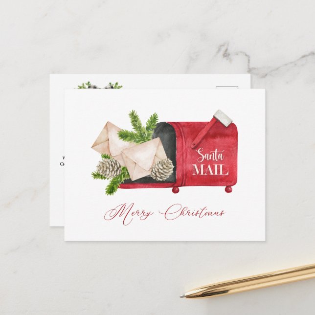 Red Santa Mailbox with Pinecones and Pine Boughs  Postcard (Front/Back In Situ)