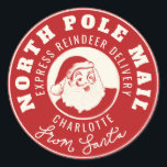 Red Santa reindeer delivery Christmas sticker<br><div class="desc">A Christmas postal style sticker for gifts. The design says North Pole Post around the border in red and cream with space for extra text that you can either leave blank, add a special date or add your location for Santa’s delivery.The centre of the sticker has an illustration of a...</div>