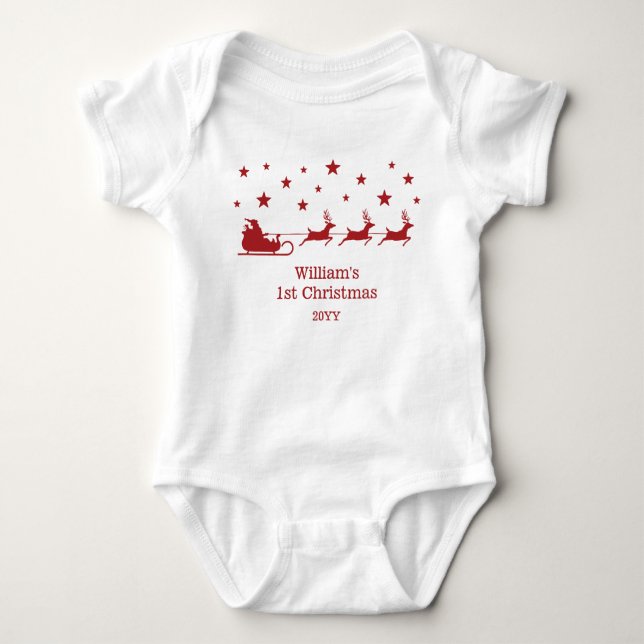 Red Santa Sleigh My First Christmas & Custom Name Baby Bodysuit (Front)