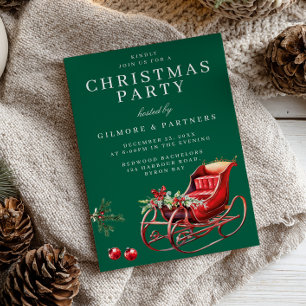 Red Santa Sleigh Office Christmas Party Green Invitation