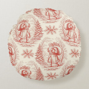 Red Santa Toile Chinoiserie Round Cushion