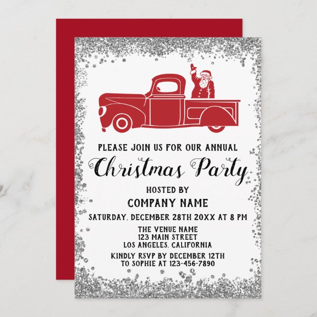 Red Santa Truck Company Christmas Party Silver Invitation (Front/Back)