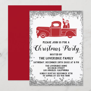 Red Santa Truck Holiday Christmas Party Silver Invitation