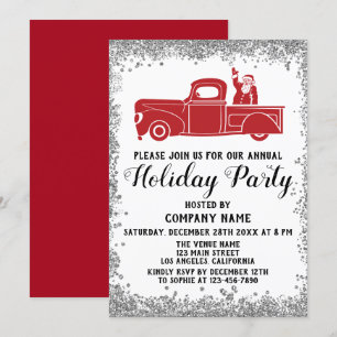 Red Santa Truck Xmas Company Holiday Party Silver Invitation
