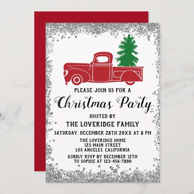 Red Santa Xmas Tree Holiday Christmas Party Silver Invitation (Front/Back)