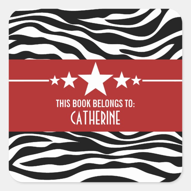 Red Sassy Star Zebra Bookplate Stickers (Front)