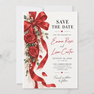 Red Satin Bow and Roses Save the Date Invitation