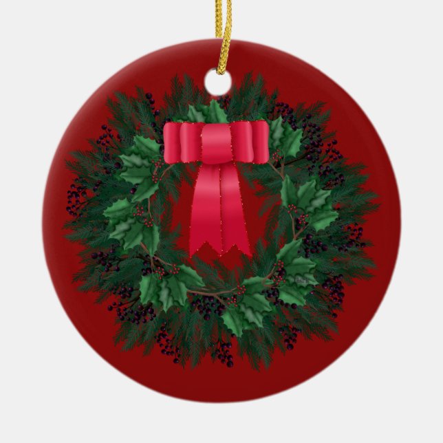 Red Satin Bow Berries Wreath Christmas Ceramic Ornament (Front)
