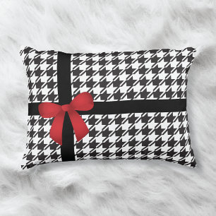 Red Satin Bow Houndstooth Pattern Decorative Cushion