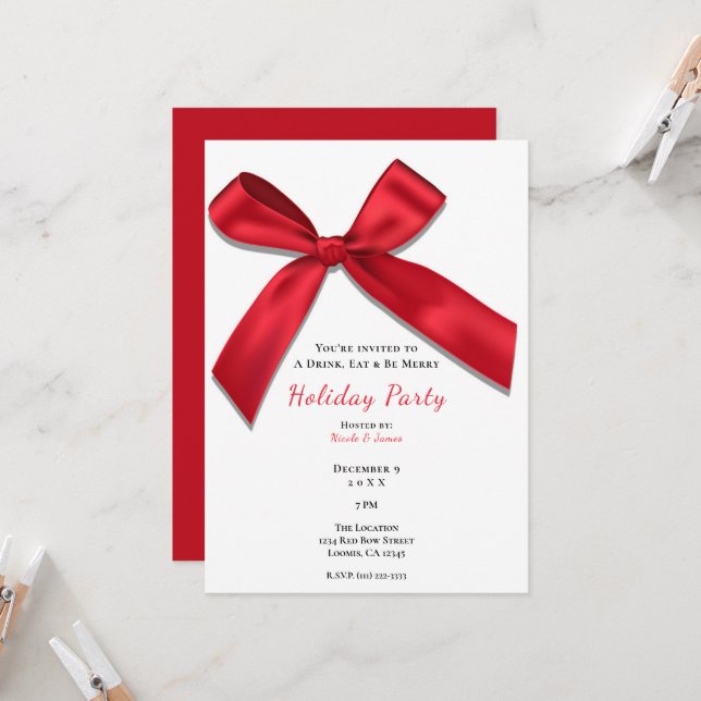 Red Satin Bow White Minimal Classic Holiday Invitation (Front/Back In Situ)
