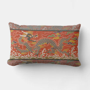 Red Satin Brocade with Cloud Chinese Dragon Lumbar Cushion