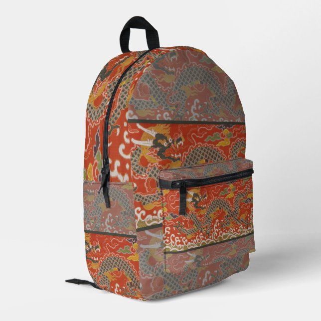 Red Satin Brocade with Cloud Chinese Dragon Printed Backpack (Back Corner Left)