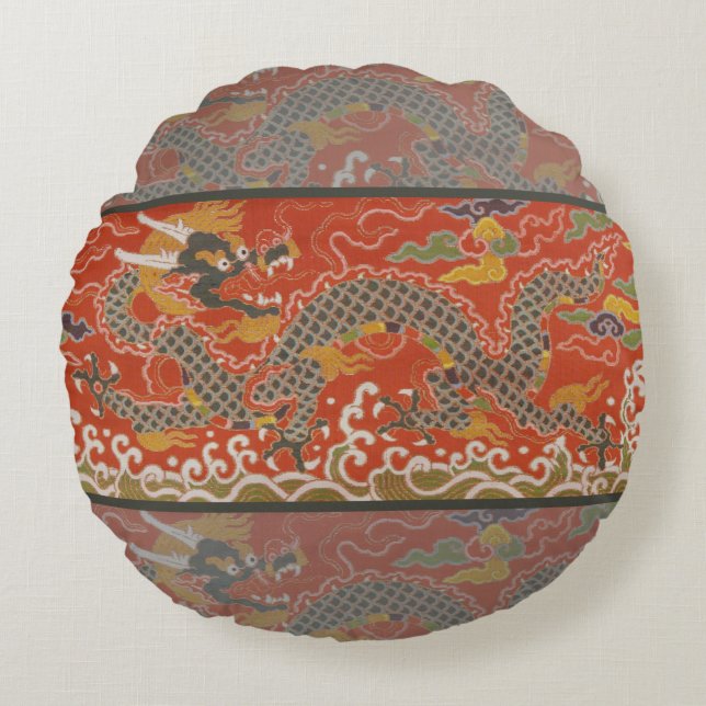 Red Satin Brocade with Cloud Chinese Dragon Round Cushion (Front)