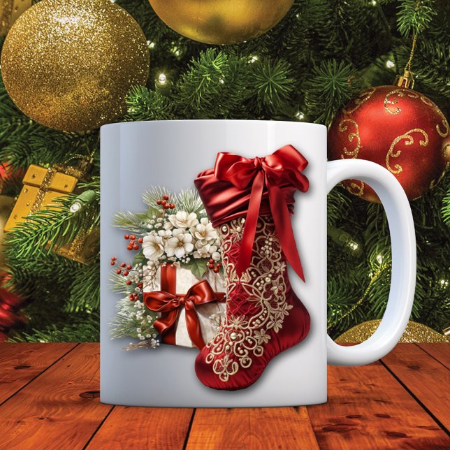 Red Satin Christmas Stocking Holiday Gifts Coffee Mug (Creator Uploaded)