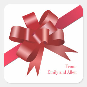 Red satin gift bow ribbon Christmas holiday label