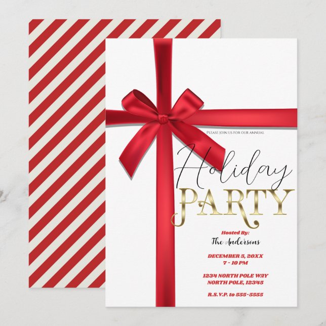 Red Satin Ribbon Bow Christmas Holiday Party Invitation (Front/Back)