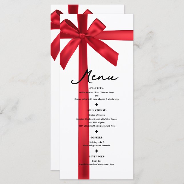 Red Satin Ribbon Bow Christmas Holiday Party Menu (Front/Back)