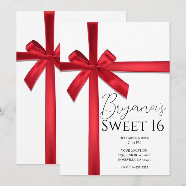 Red Satin Ribbon Bow Sweet 16 Birthday Party  Invitation (Front/Back)