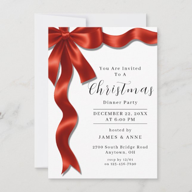 Red Satin Ribbon Christmas Party Invitation (Front)