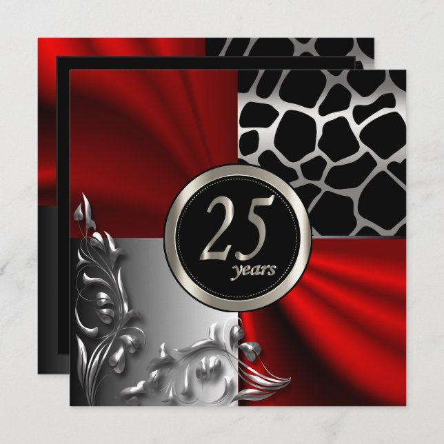 Red Satin & Silver 25 Year Party Invitation (Front/Back)