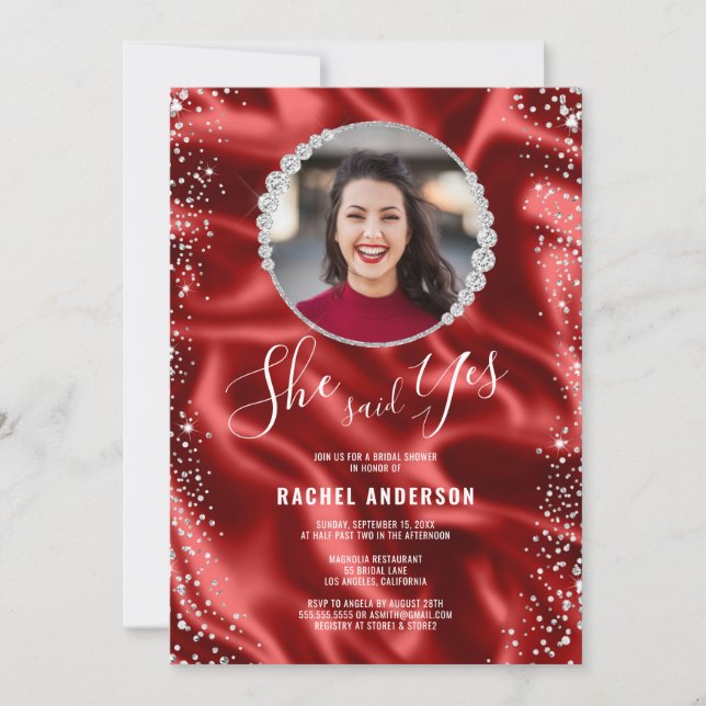 Red Satin Silver She Said Yes Bridal Shower Invitation (Front)