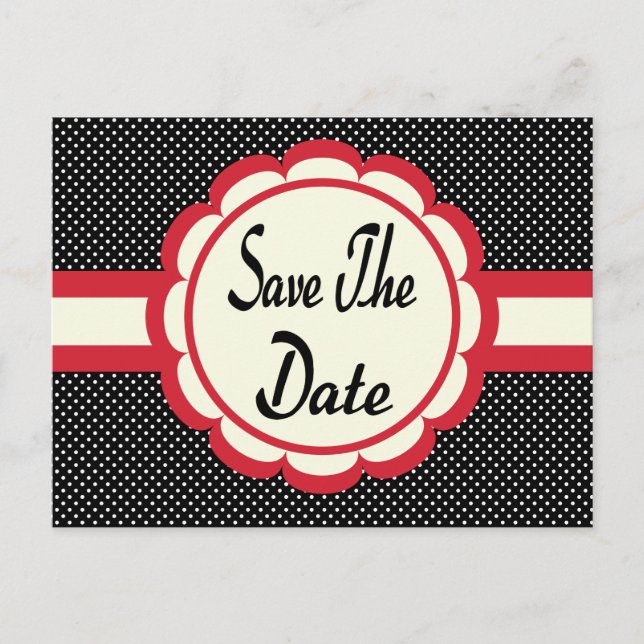 Red Save The Date Black & White Polka Dot Postcard (Front)