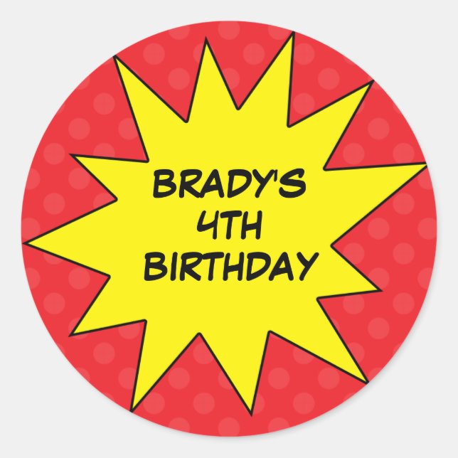 Red Save the Day Superhero Custom Round Birthday Classic Round Sticker (Front)