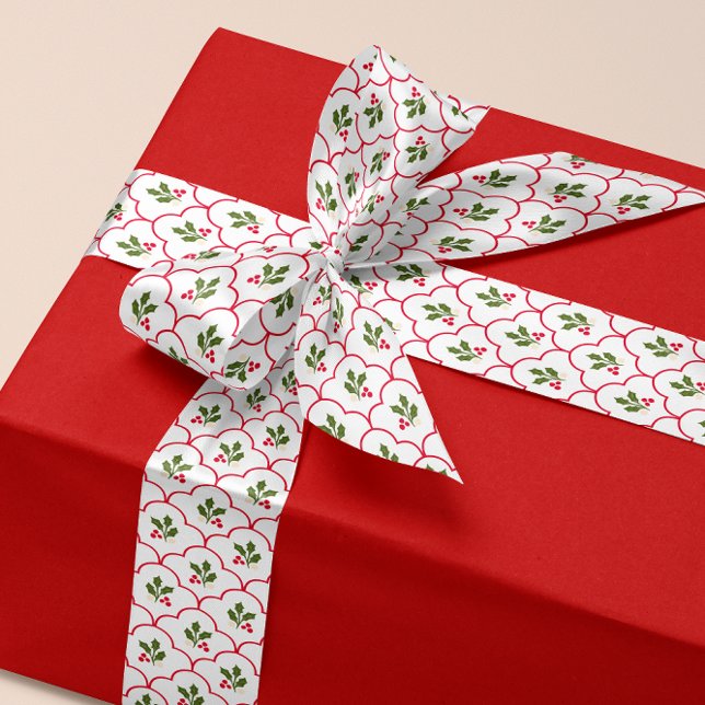 Red Scallop Holly Branch and Berries Christmas Satin Ribbon (Grand millennial style white ribbon with red scallops and festive Christmas holly sprigs)