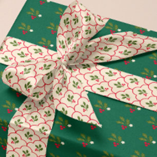 Red Scallop Holly Branch and Berries Christmas Satin Ribbon