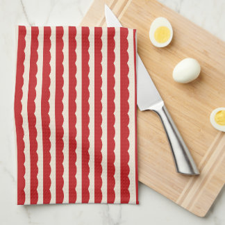 Red Scallop Stripes Seamless Pattern, Retro Cream Tea Towel