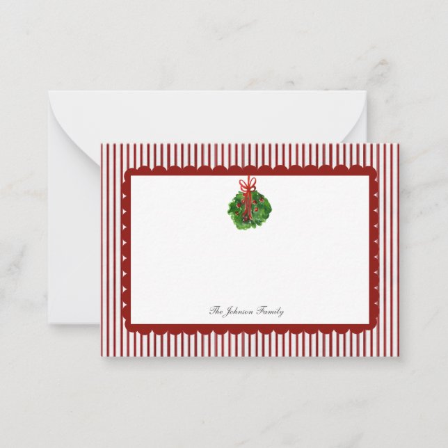 Red Scallop Ticking Stripe Christmas Holiday Card (Front)