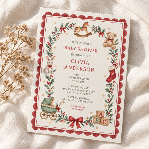 Red Scallop Vintage Toys Christmas Baby Shower Invitation