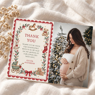 Red Scallop Vintage Toys Christmas Baby Shower Thank You Card