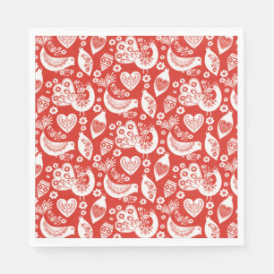 Red Scandinavian Christmas Pattern with Birds Napkin