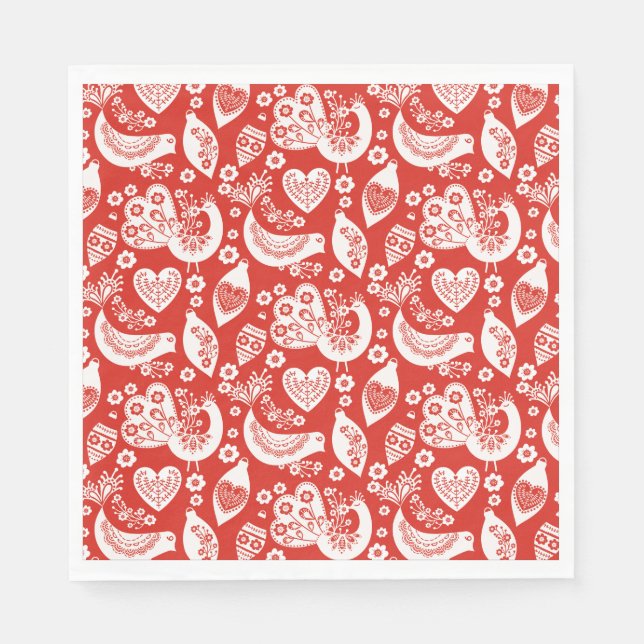 Red Scandinavian Christmas Pattern with Birds Napkin (Front)