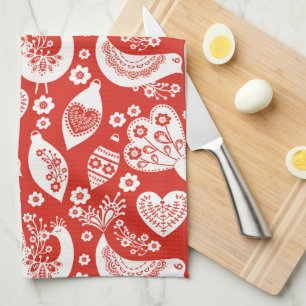 Red Scandinavian Christmas Pattern with Birds Tea Towel