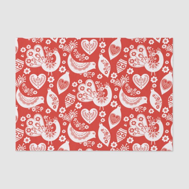 Red Scandinavian Christmas Pattern with Birds Tissue Paper (Front)