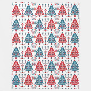 Red Scandinavian Christmas Tree Folk Art Winter Fleece Blanket