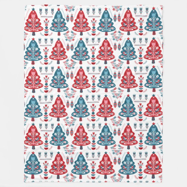Red Scandinavian Christmas Tree Folk Art Winter Fleece Blanket (Front)