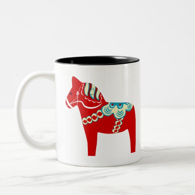 Red Scandinavian Dala Horse Two-Tone Coffee Mug (Left)