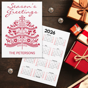 Red Scandinavian Folk Art Christmas Tree Calendar Holiday Card