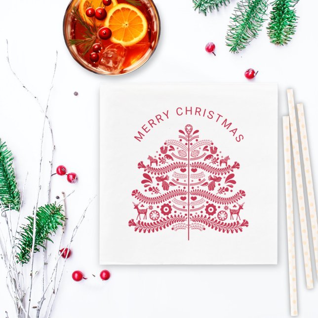 Red Scandinavian Folk Art Christmas Tree Napkin (Creator Uploaded)